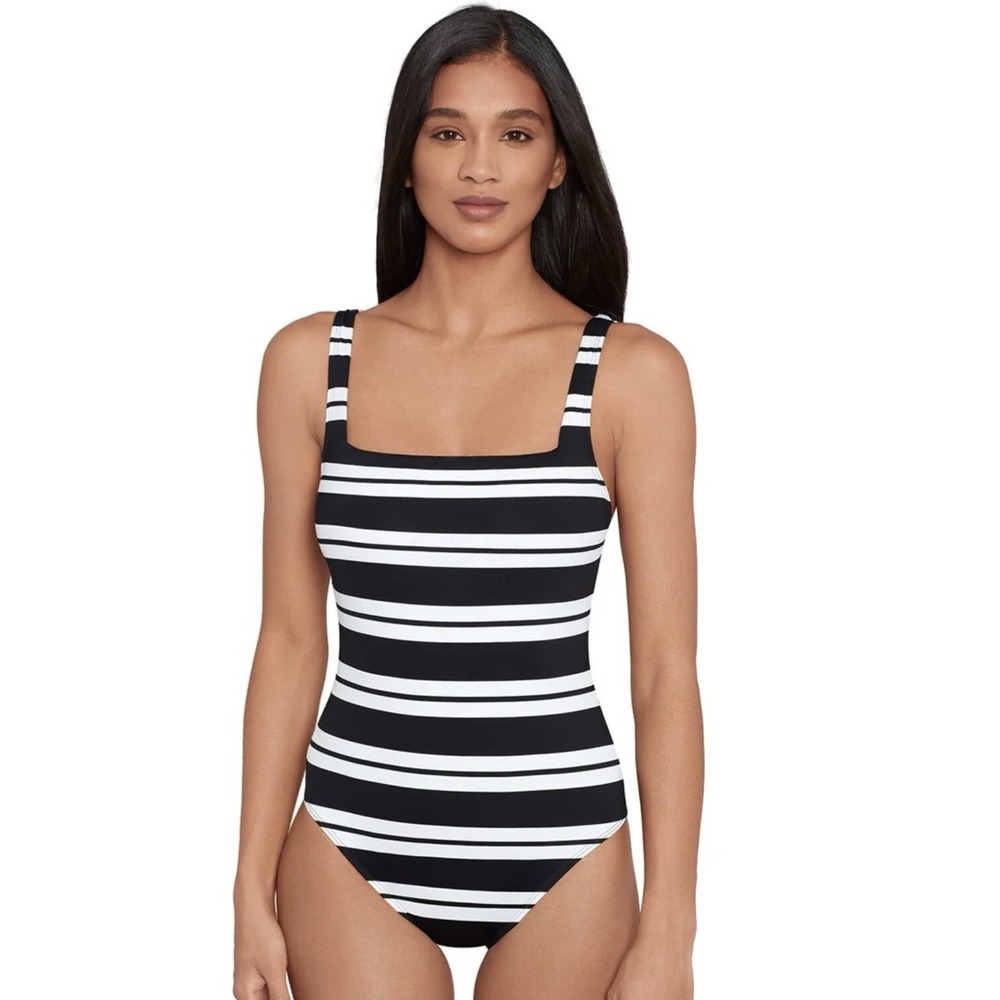 Ralph Lauren Resort Stripe Square Neck One Piece Swimsuit Black White 12